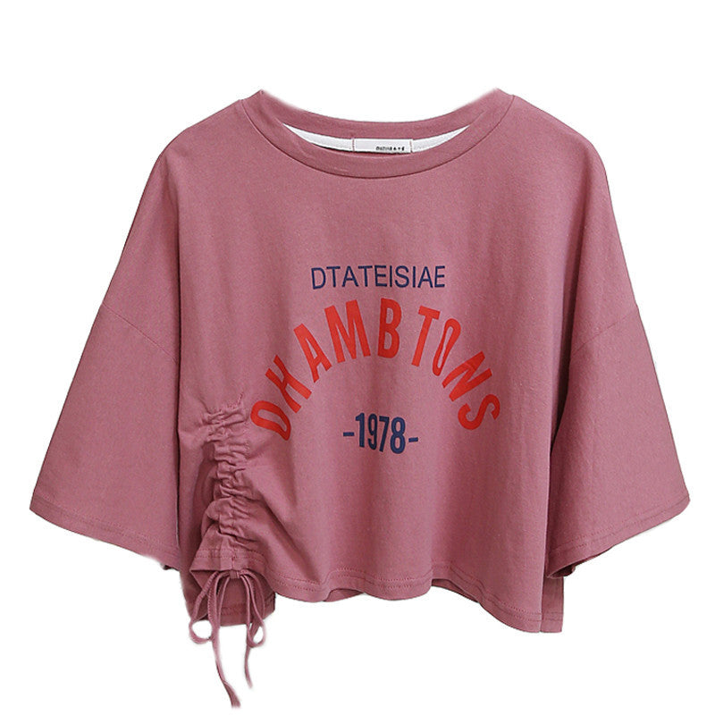 Women's cropped T-shirt with casual drawstring and creative lettering Lisslune