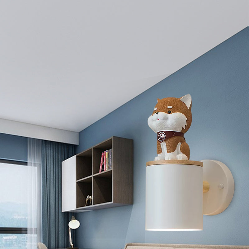 Skørter | Metal Cylindrical Wall Lamp with Dog Children's Room 1 Light Modern Wall Lamp in White