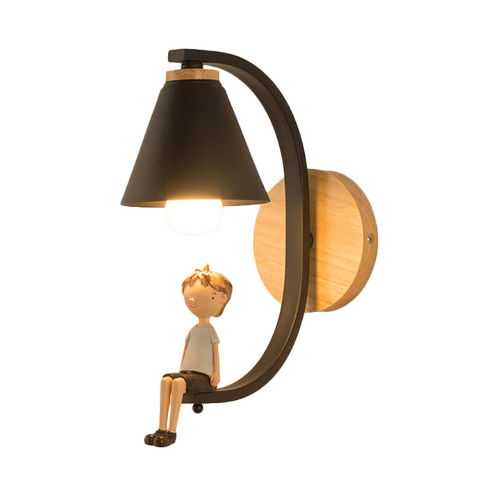 Skørter | Cone Shade Wall Lamp with Boy Deco 1 Head Metal Wall Lamp for Children's Bedroom Entrance