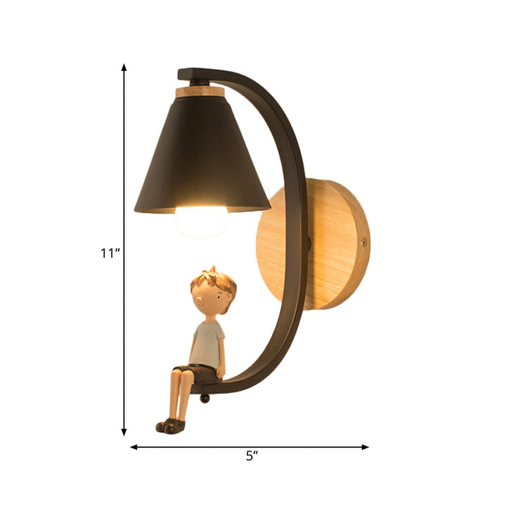 Skørter | Cone Shade Wall Lamp with Boy Deco 1 Head Metal Wall Lamp for Children's Bedroom Entrance