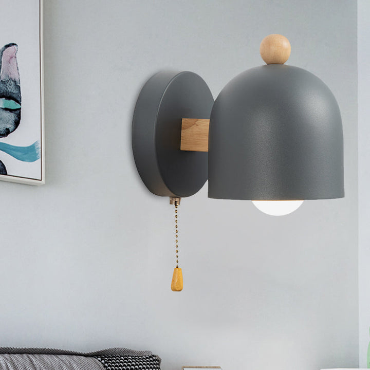 Skørter | Nordic Small Dome Pendant Wall Lamp Iron 1 Lamp Bedroom Wall Mount Lighting in Gray with Wooden Detail