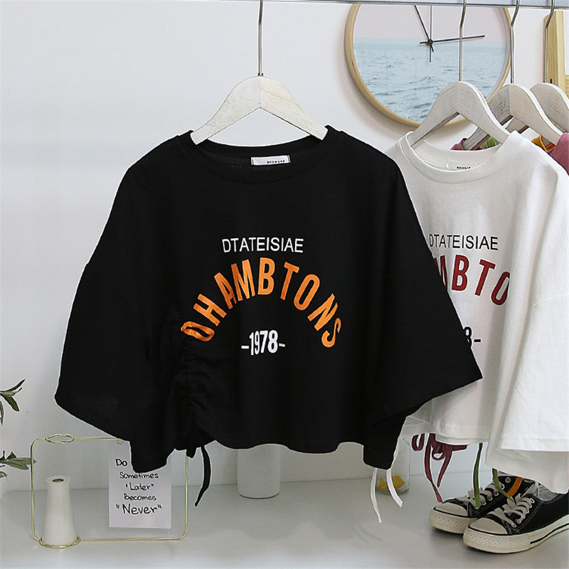Women's cropped T-shirt with casual drawstring and creative lettering Lisslune