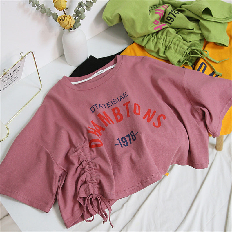 Women's cropped T-shirt with casual drawstring and creative lettering Lisslune