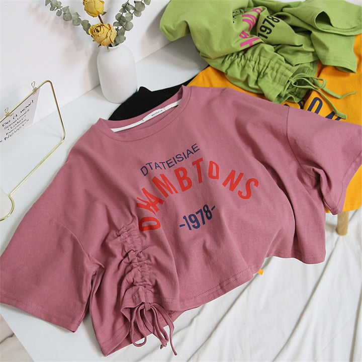 Women's cropped T-shirt with casual drawstring and creative lettering Lisslune