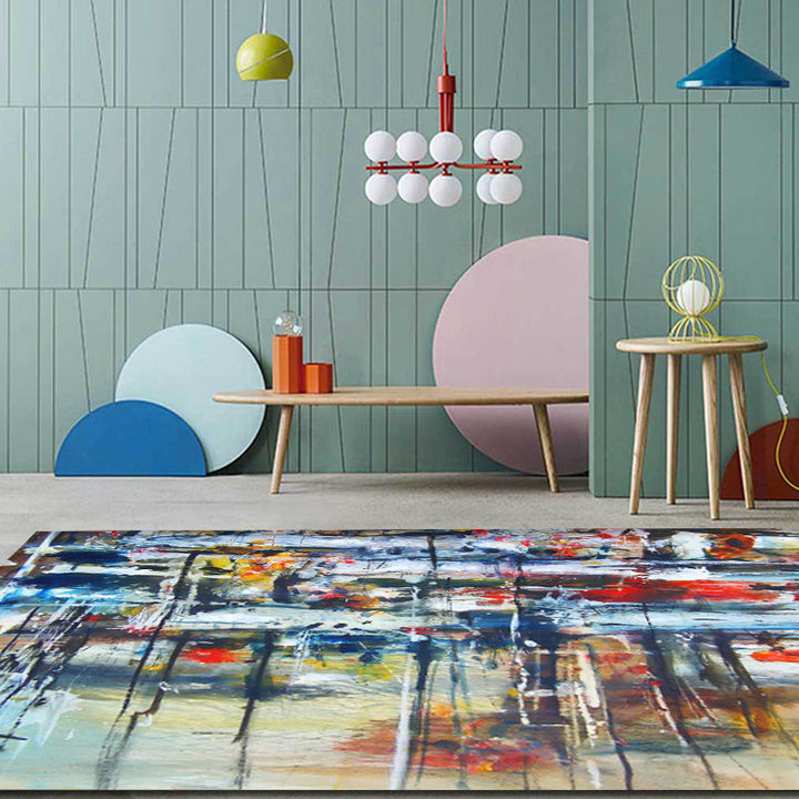 Lisslune | Multicolor Living Room Rug Modernism Brushstroke Pattern Rug Polyester Machine Washable Non-Slip Back Rug