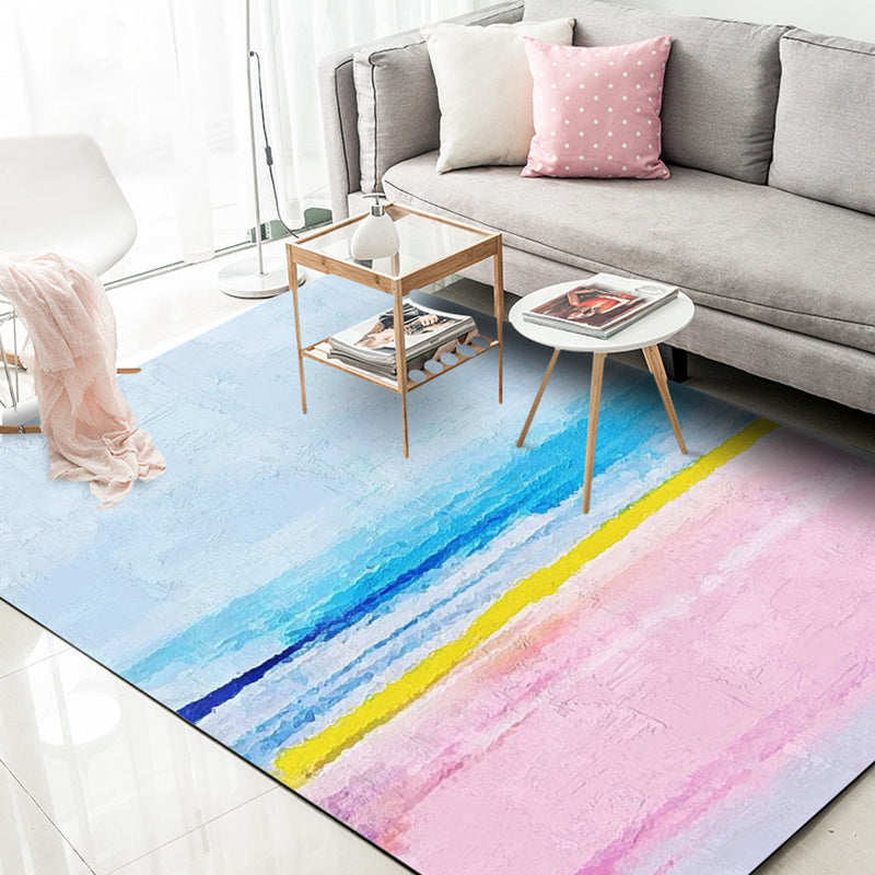 Lisslune | Modernist Salon Rug Blue and Pink Abstract Rug Polyester Washable Non-slip Pet Friendly Area Rug
