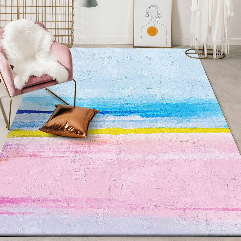 Lisslune | Modernist Salon Rug Blue and Pink Abstract Rug Polyester Washable Non-slip Pet Friendly Area Rug