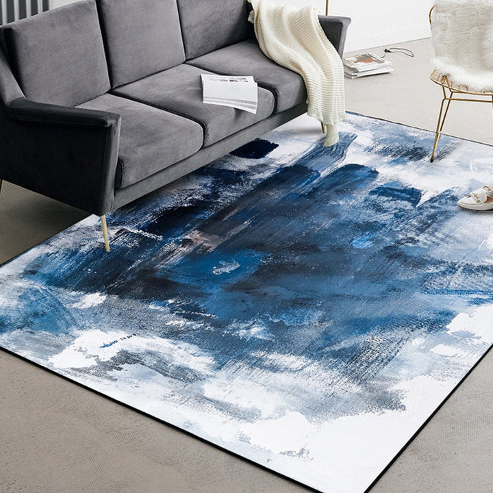 Lisslune | Blue Living Room Rug Modernism Brush Stroke Pattern Rug Polyester Machine Washable Non-Slip Back Rug