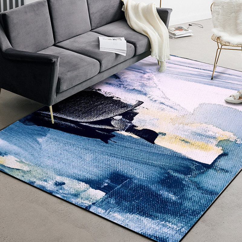 Lisslune | Blue Living Room Rug Modernism Brush Stroke Pattern Rug Polyester Machine Washable Non-Slip Back Rug