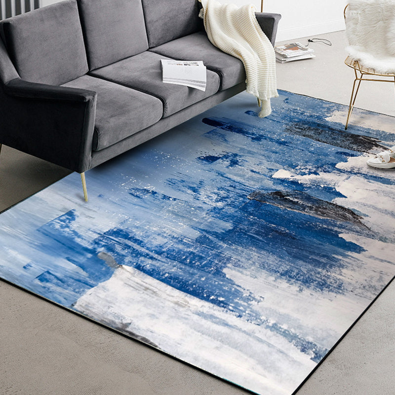 Lisslune | Blue Living Room Rug Modernism Brush Stroke Pattern Rug Polyester Machine Washable Non-Slip Back Rug