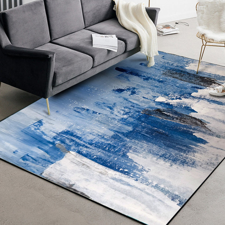 Lisslune | Blue Living Room Rug Modernism Brush Stroke Pattern Rug Polyester Machine Washable Non-Slip Back Rug