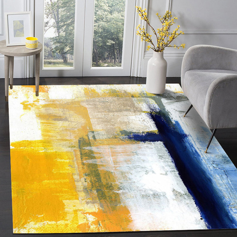 Lisslune | Yellow Living Room Carpet Industrial Brushstroke Painting Pattern Carpet Polyester Machine Washable Non-Slip Back Carpet