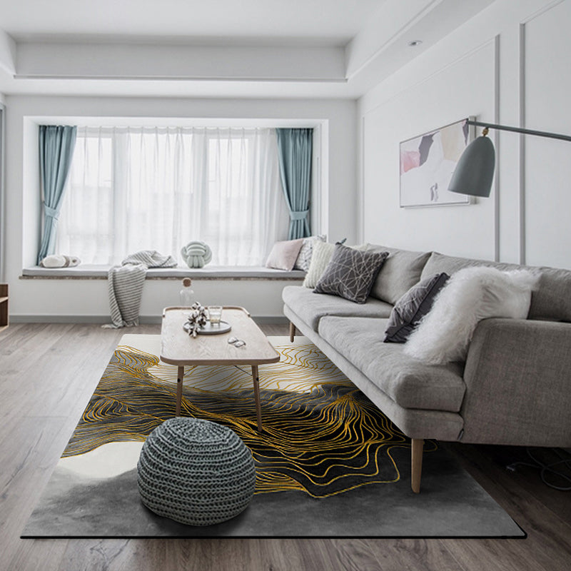 Lisslune | Modern Whirl Stripe Pattern Rug Black Polyester Area Rug Non-Slip Pet-Friendly Washable Rug for Living Room