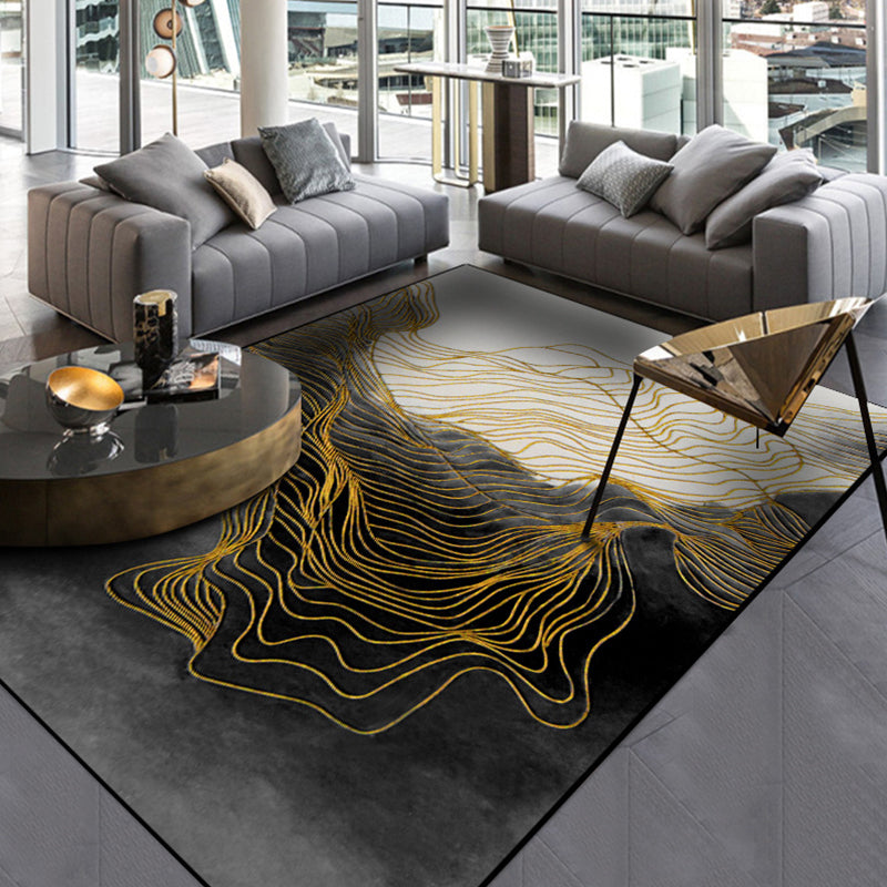 Lisslune | Modern Whirl Stripe Pattern Rug Black Polyester Area Rug Non-Slip Pet-Friendly Washable Rug for Living Room