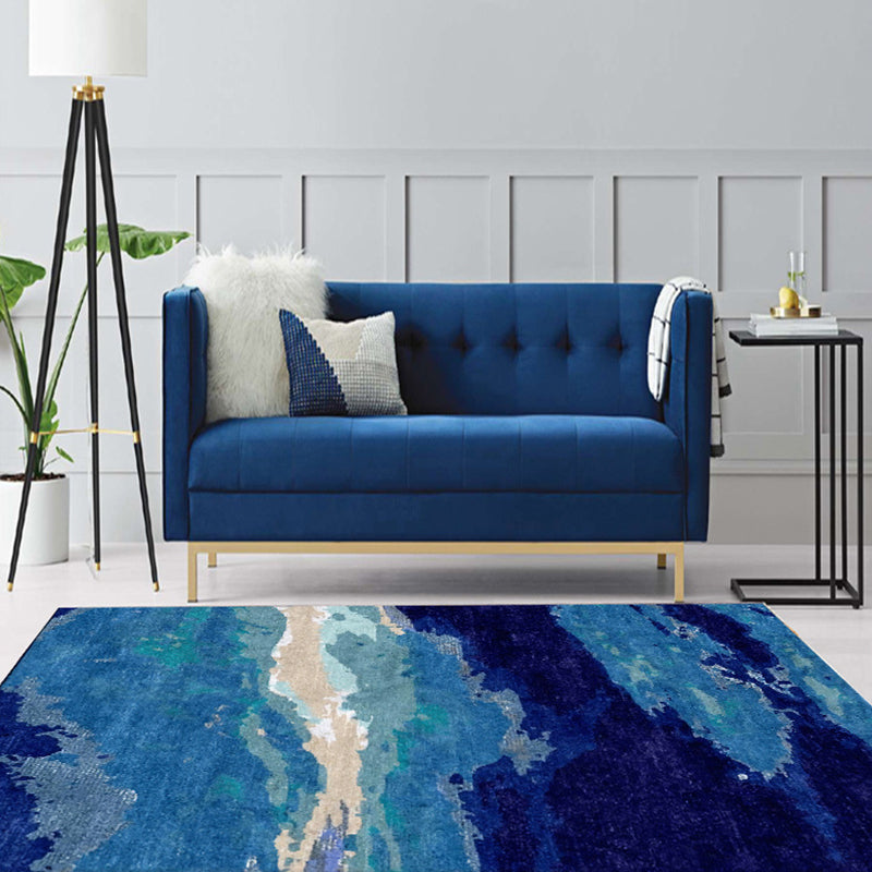 Lisslune | Contemporary Area Rug Blue Abstract Carpet Polyester Washable Non-Slip Pet Friendly Area Rug