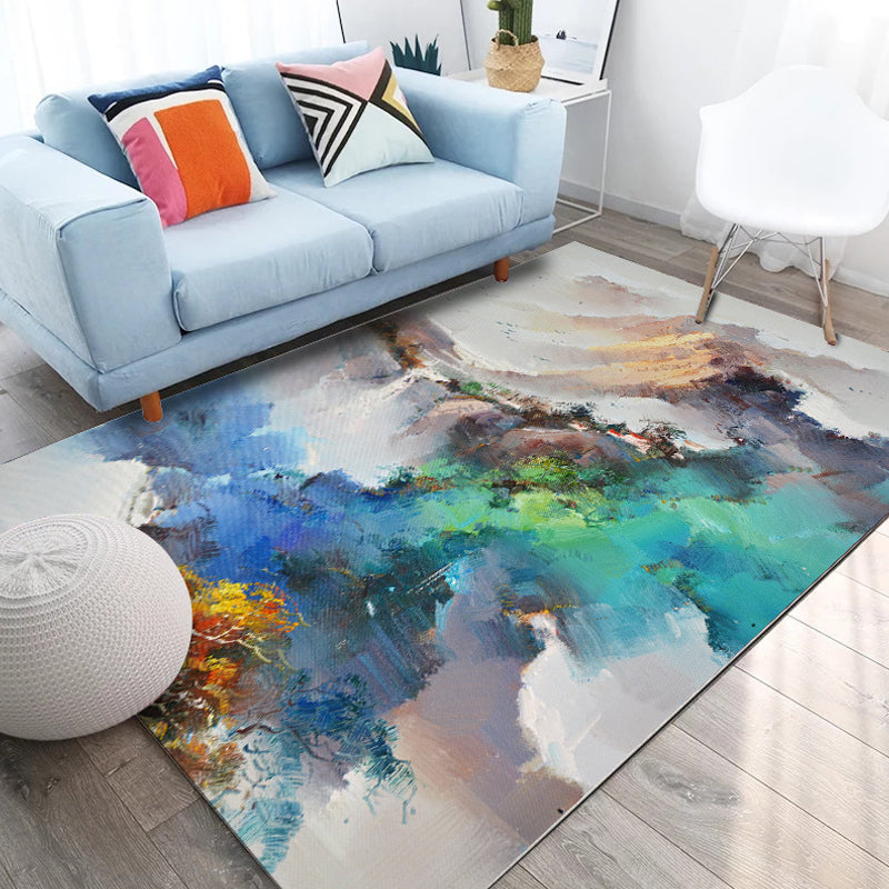 Lisslune | Multi colored living room rug Modern watercolor pattern rug Polyester machine washable non-slip back carpet
