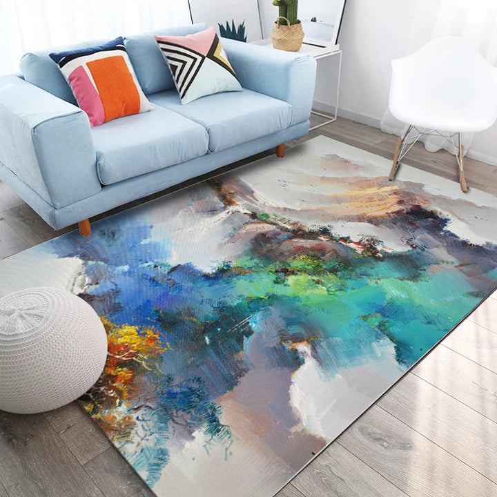 Lisslune | Multi colored living room rug Modern watercolor pattern rug Polyester machine washable non-slip back carpet