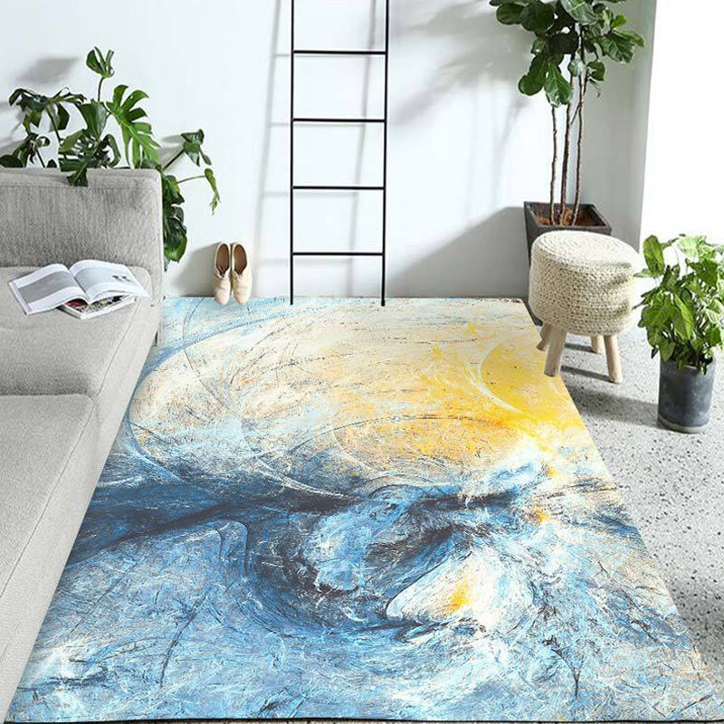 Lisslune | Modern Living Room Rug Blue Watercolor Pattern Rug Polyester Machine Washable Non-Slip Pet-Friendly Rug