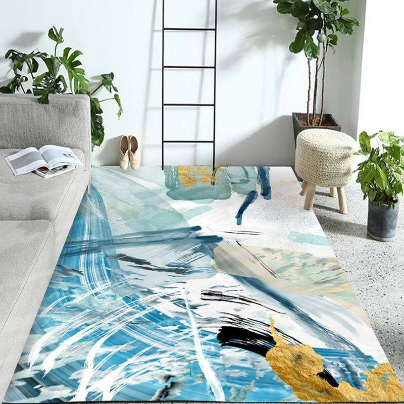 Lisslune | Modern Living Room Rug Blue Watercolor Pattern Rug Polyester Machine Washable Non-Slip Pet-Friendly Rug