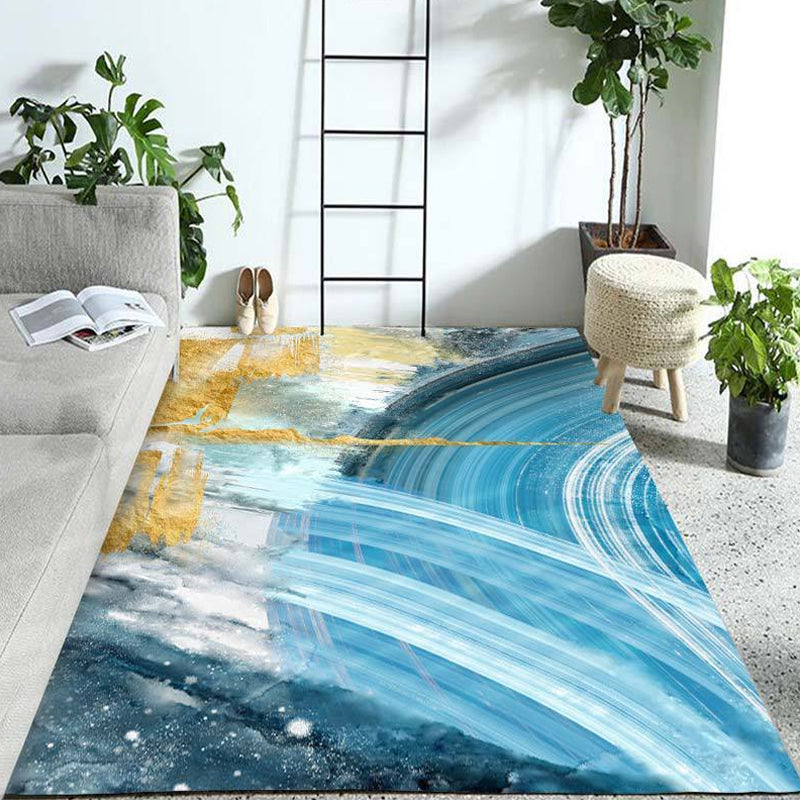 Lisslune | Modern Living Room Rug Blue Watercolor Pattern Rug Polyester Machine Washable Non-Slip Pet-Friendly Rug