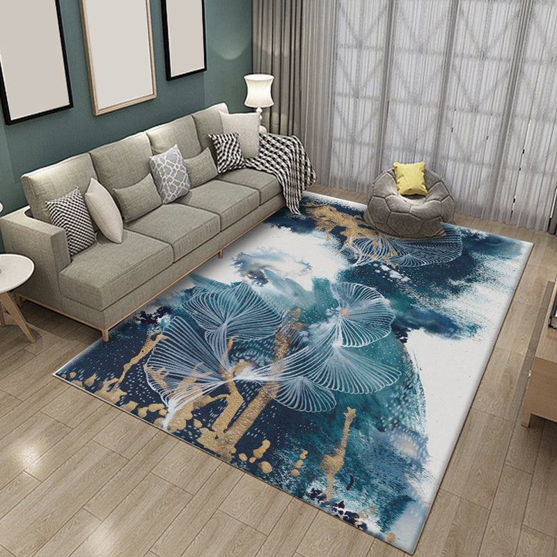 Lisslune | Modern Living Room Rug Blue Watercolor Pattern Rug Polyester Machine Washable Non-Slip Pet-Friendly Rug