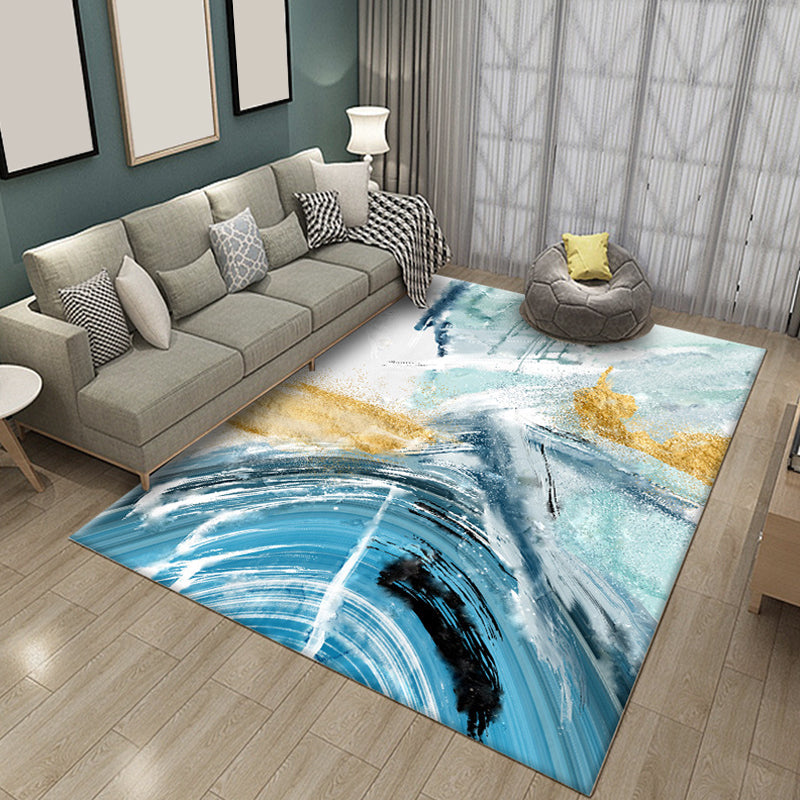 Lisslune | Modern Living Room Rug Blue Watercolor Pattern Rug Polyester Machine Washable Non-Slip Pet-Friendly Rug