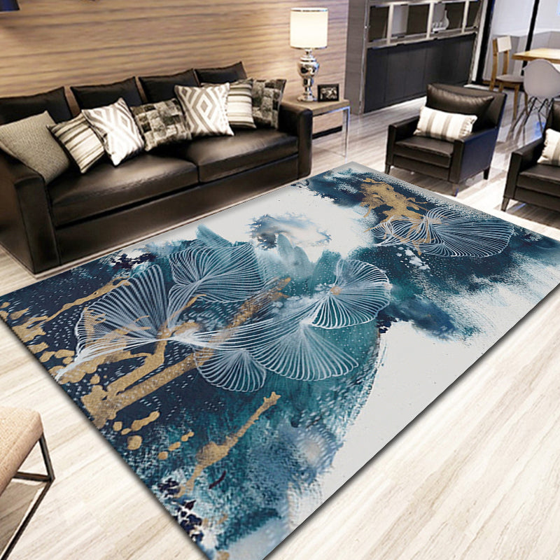 Lisslune | Blue Modernism Rug Polyester Swirl Stripes and Watercolor Pattern Rug Pet-Friendly Washable Non-Slip Rug for Bedroom