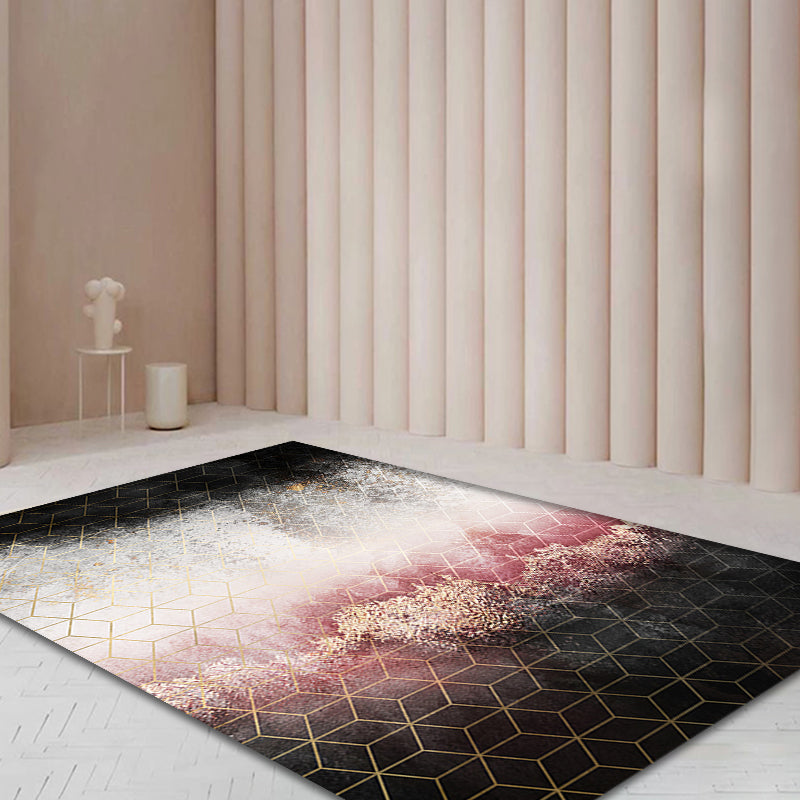 Lisslune | Modern Living Room Rug Black and Pink Abstract Rug Polyester Machine Washable Non-Slip Backing Pet-Friendly Rug