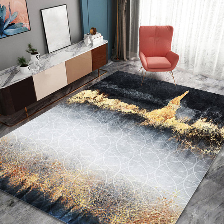 Lisslune | Funky Abstract Rug Black and Gold Industrial Carpet Polyester Non-Slip Washable Pet-Friendly Area Rug for Living Room