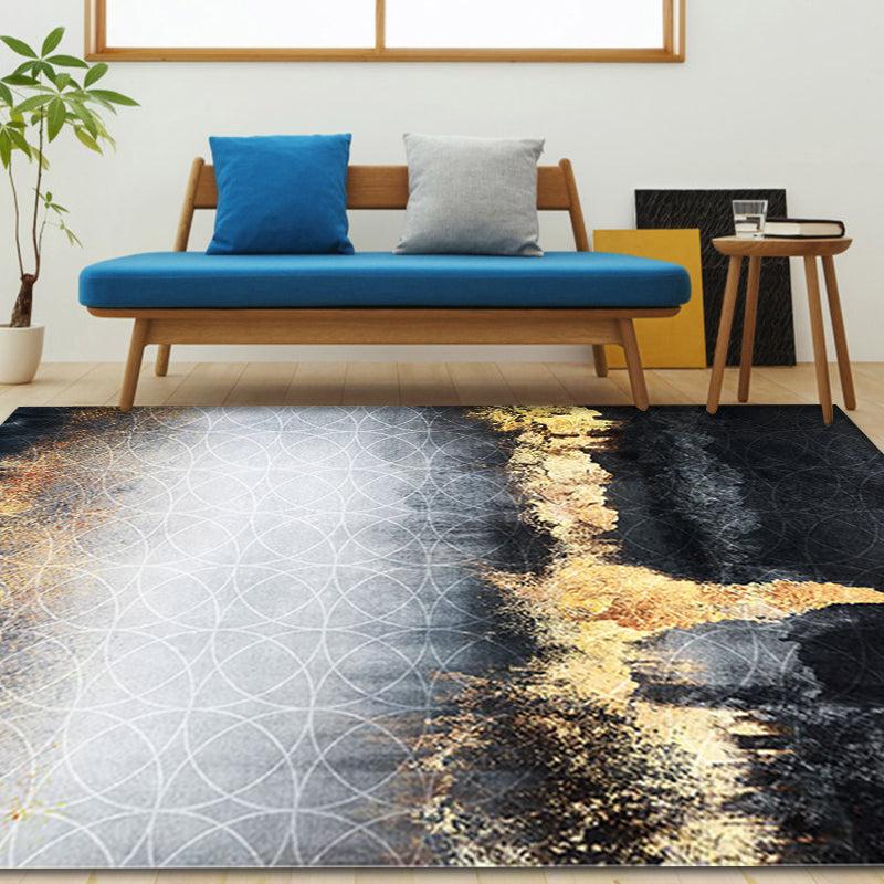 Lisslune | Funky Abstract Rug Black and Gold Industrial Carpet Polyester Non-Slip Washable Pet-Friendly Area Rug for Living Room