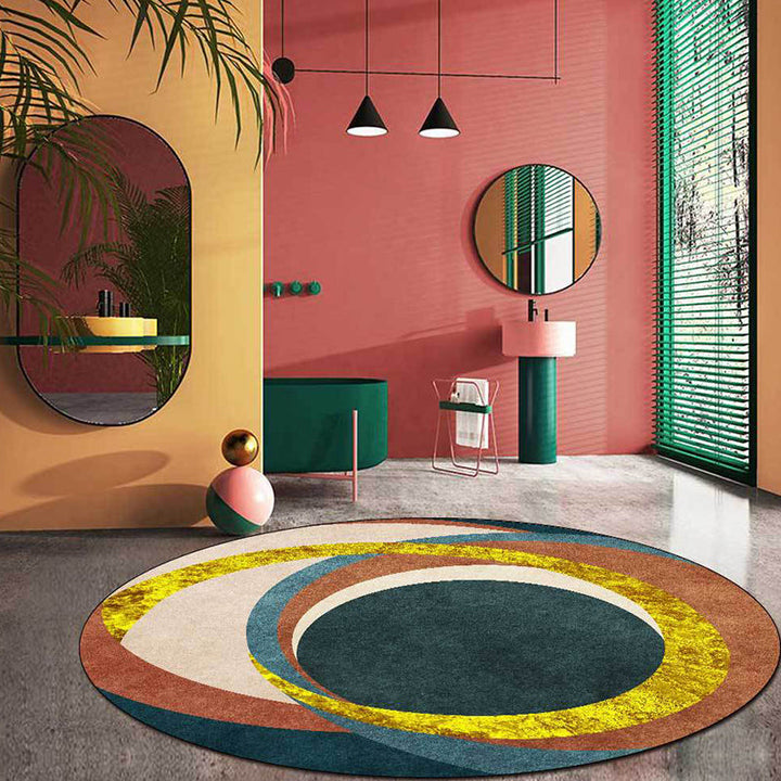 Lisslune | Exotic Novelty Indoor Rug Golden Circles Area Rug Stain Resistant Rug for Home Decor