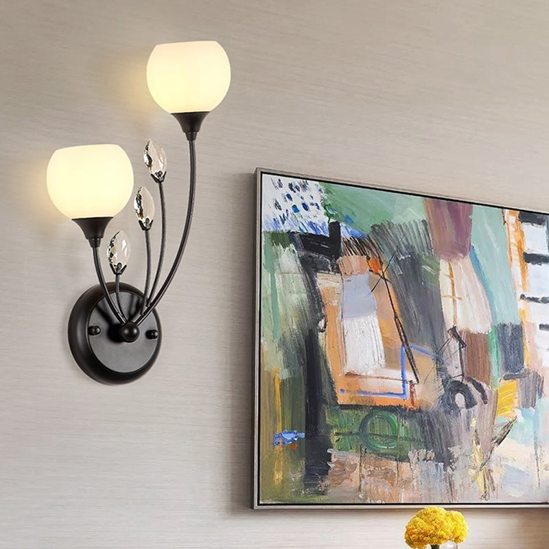 Lisslune | Black 1/2-Bulbs Wall Light Simplicity Satinated White Glass Bowl Wall Mounted Lamp