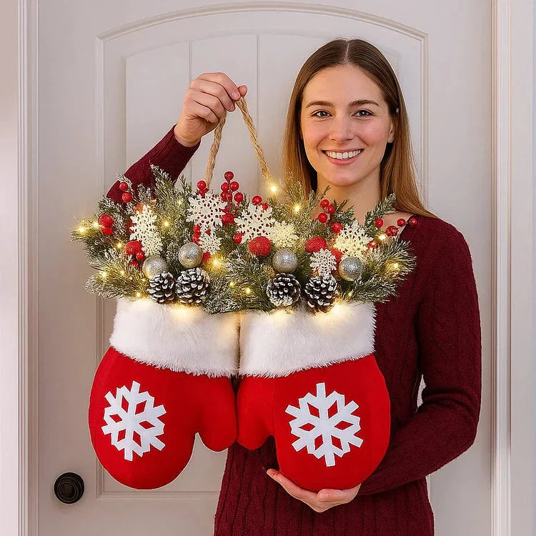 Lisslune | Pre-lit Christmas wreath in mitten shape – 120 LEDs with timer function