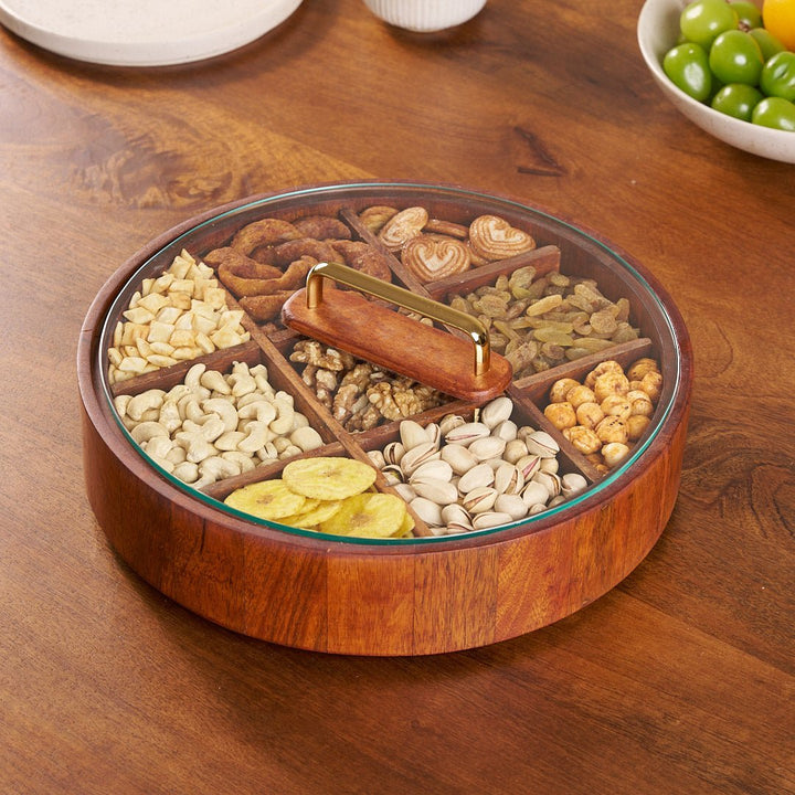 Lisslune | BambooSpin – 9-Compartment Serving Tray with Rotating Lid | Premium Bamboo Snack Platter