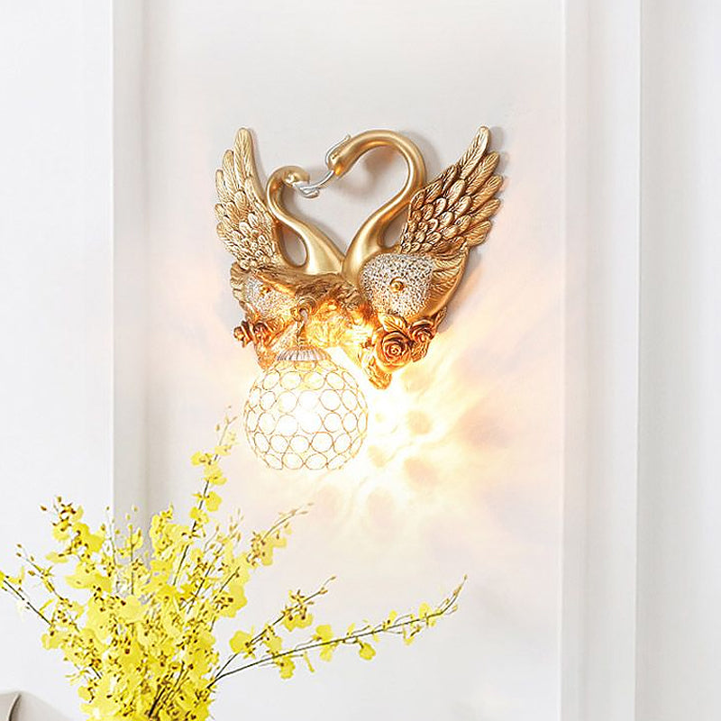 Lisslune | Swan Bedroom Wall Light Modern Metal 1 Light Gold Wall Lighting with Globe Crystal Shade