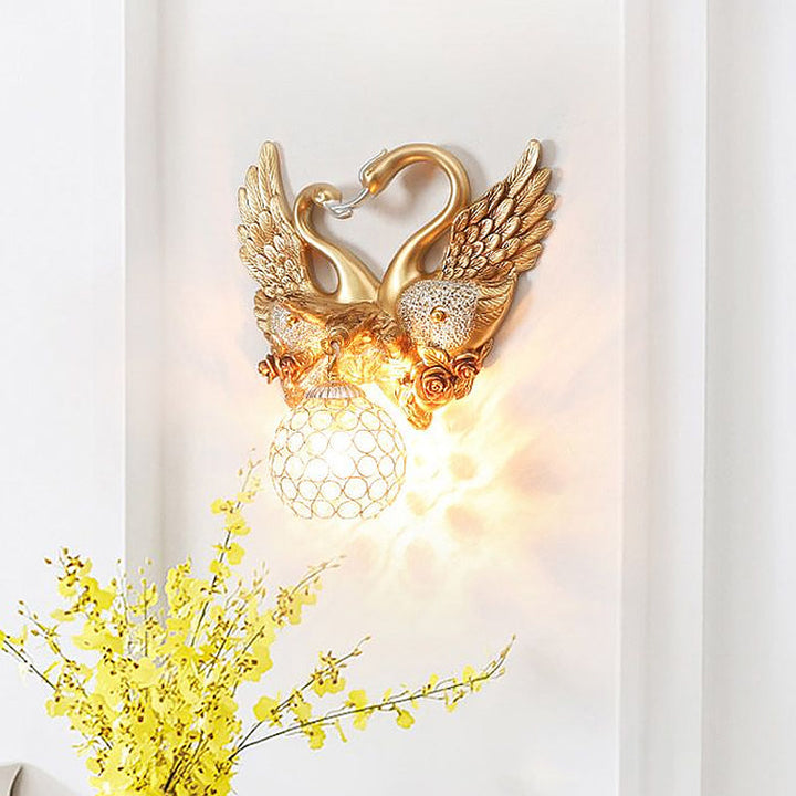 Lisslune | Swan Bedroom Wall Light Modern Metal 1 Light Gold Wall Lighting with Globe Crystal Shade