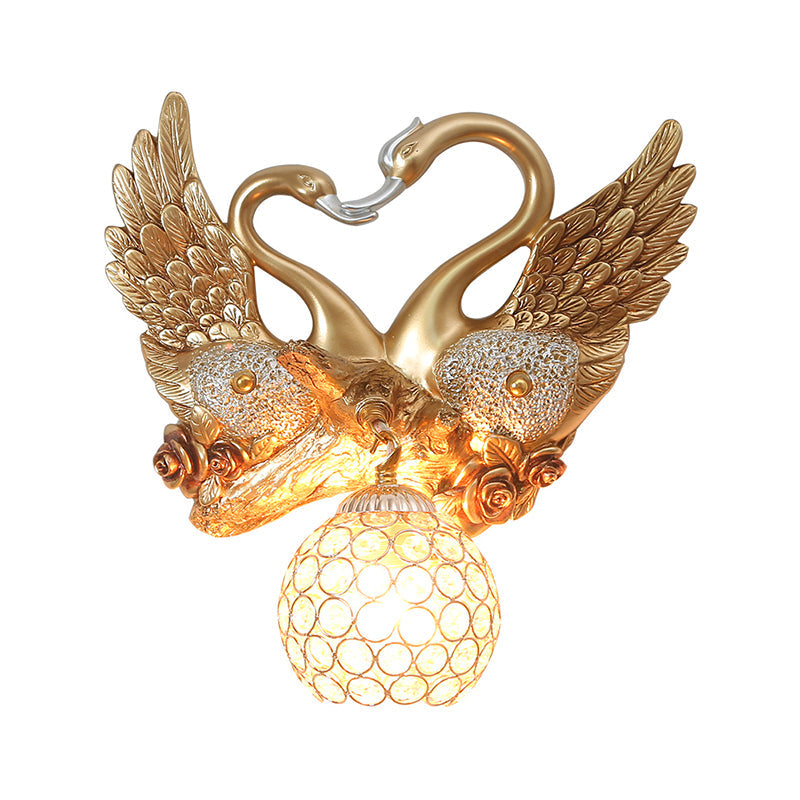 Lisslune | Swan Bedroom Wall Light Modern Metal 1 Light Gold Wall Lighting with Globe Crystal Shade