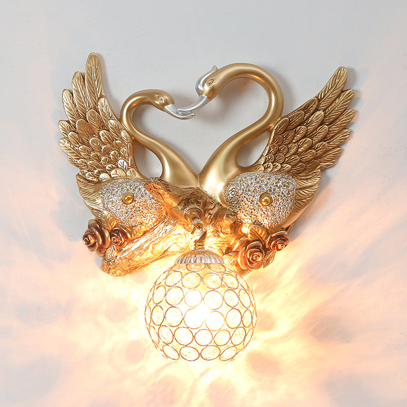 Lisslune | Swan Bedroom Wall Light Modern Metal 1 Light Gold Wall Lighting with Globe Crystal Shade