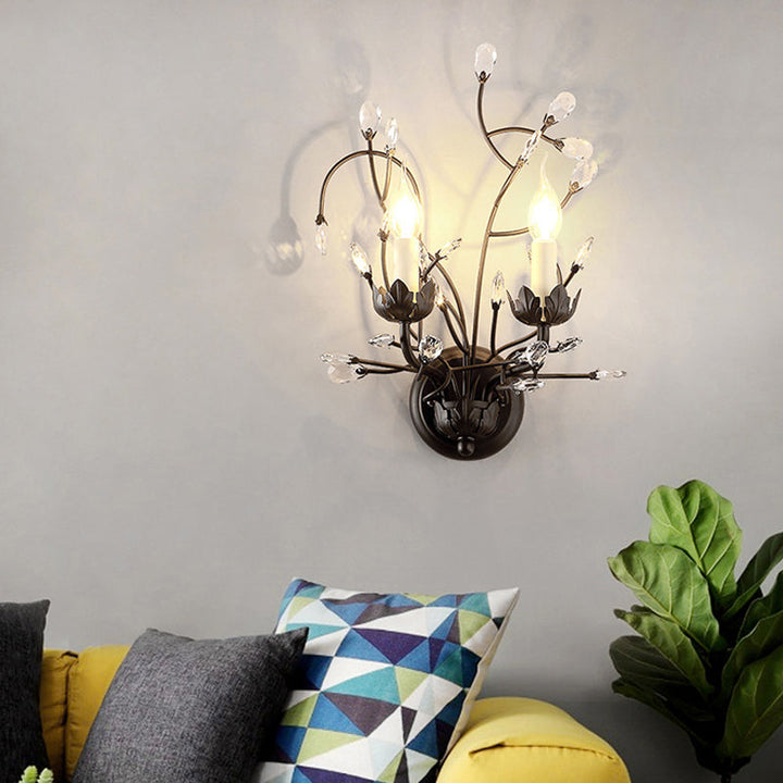 Lisslune | 2-Lamp Candle Holder Wall Lamp Fixture Minimalism Black Crystal Wall Lamp with Branched Design
