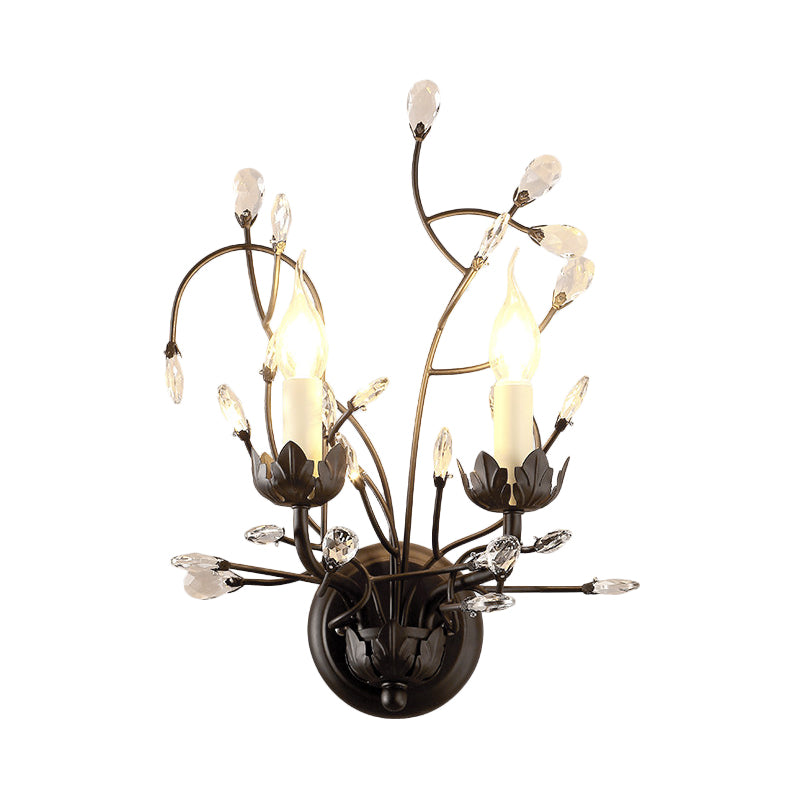 Lisslune | 2-Lamp Candle Holder Wall Lamp Fixture Minimalism Black Crystal Wall Lamp with Branched Design