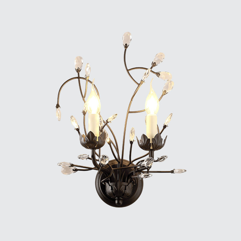 Lisslune | 2-Lamp Candle Holder Wall Lamp Fixture Minimalism Black Crystal Wall Lamp with Branched Design