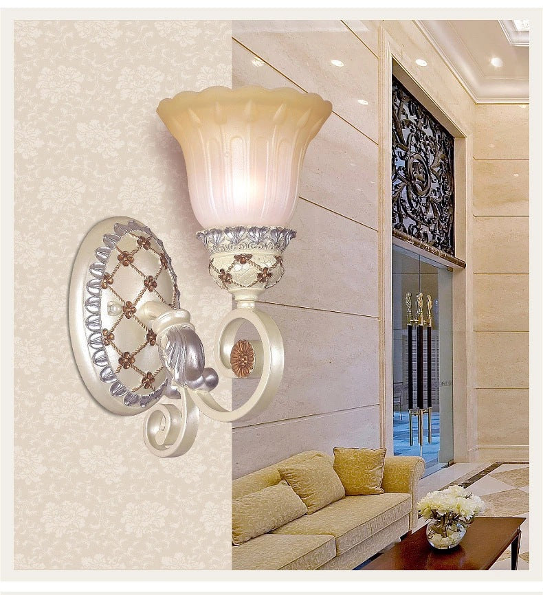 Lisslune | French Country Blossom Wall Lamp 1/2-Light Opal Glass Wall Lighting Idea with Curved Arm in Gold