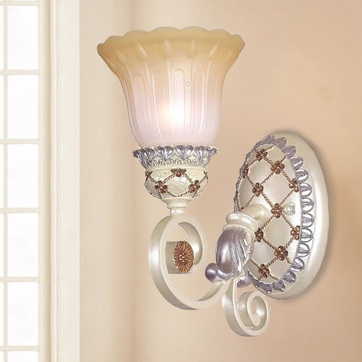 Lisslune | French Country Blossom Wall Lamp 1/2-Light Opal Glass Wall Lighting Idea with Curved Arm in Gold