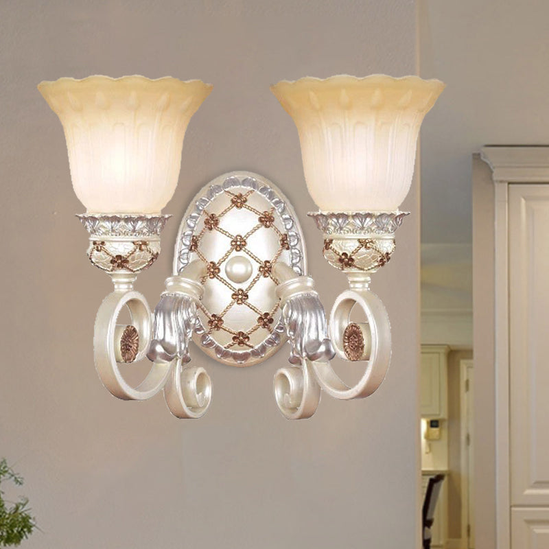 Lisslune | French Country Blossom Wall Lamp 1/2-Light Opal Glass Wall Lighting Idea with Curved Arm in Gold