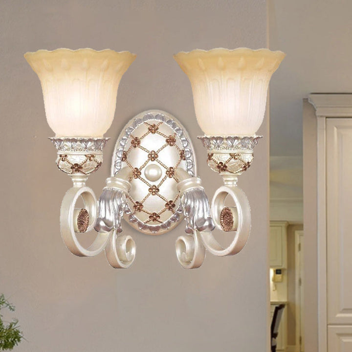 Lisslune | French Country Blossom Wall Lamp 1/2-Light Opal Glass Wall Lighting Idea with Curved Arm in Gold