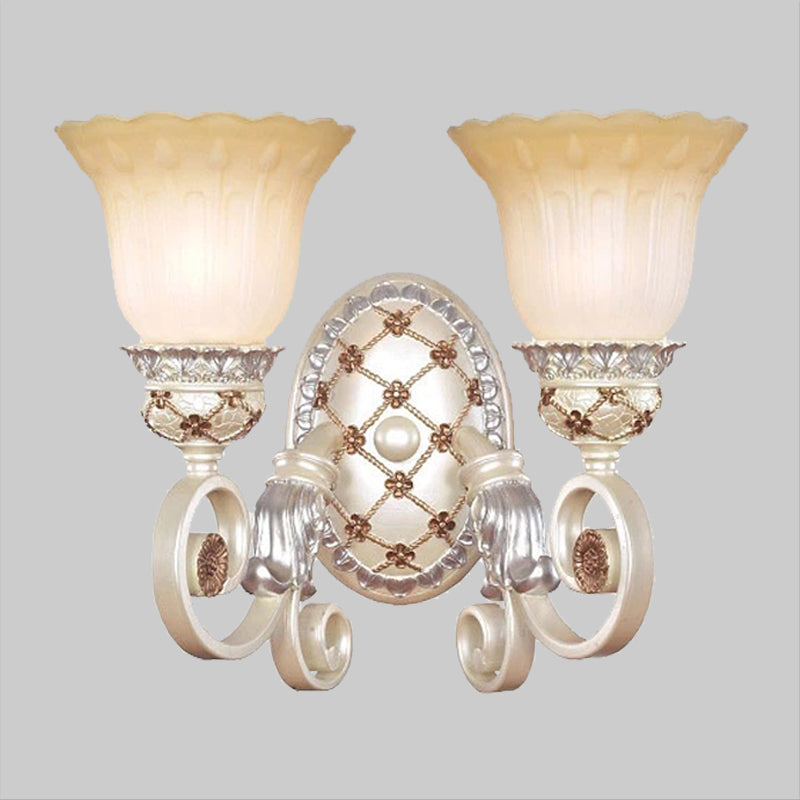 Lisslune | French Country Blossom Wall Lamp 1/2-Light Opal Glass Wall Lighting Idea with Curved Arm in Gold