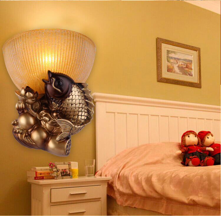 Skørter | Bowl Nightstand Wall Lamp rustic style Amber glass 1 head Gold wall lamp idea with fish and lotus decor