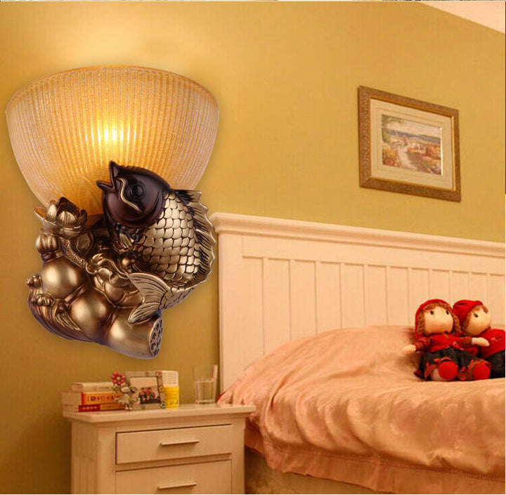 Skørter | Bowl Nightstand Wall Lamp rustic style Amber glass 1 head Gold wall lamp idea with fish and lotus decor