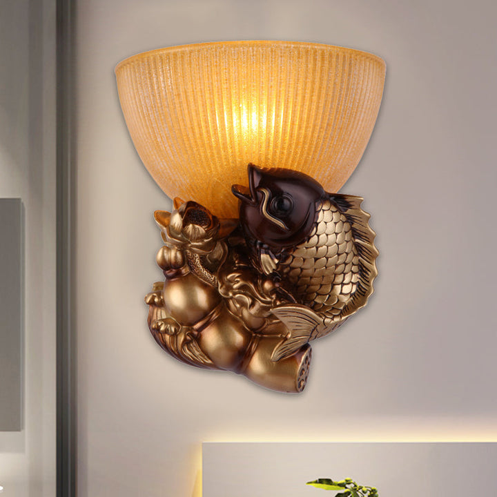 Skørter | Bowl Nightstand Wall Lamp rustic style Amber glass 1 head Gold wall lamp idea with fish and lotus decor