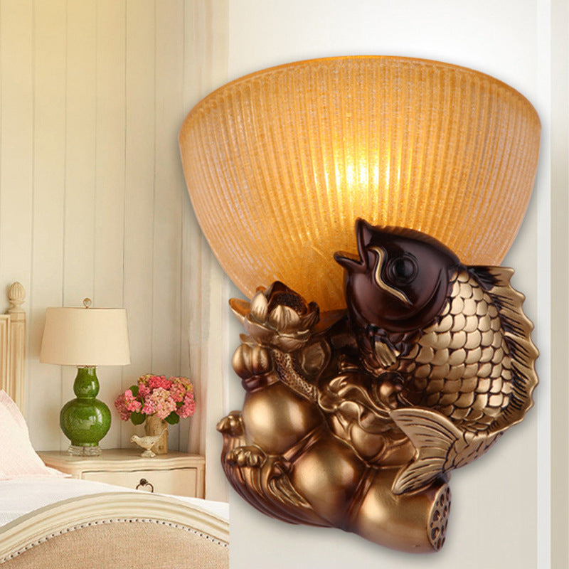 Skørter | Bowl Nightstand Wall Lamp rustic style Amber glass 1 head Gold wall lamp idea with fish and lotus decor